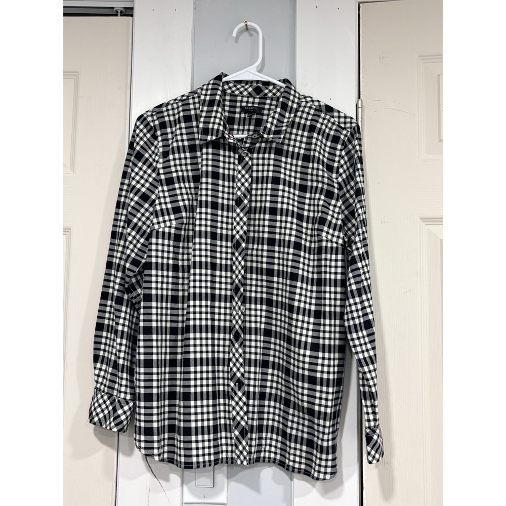 Talbots Petite Women LP Large Black White Plaid Button Down Shirt Long Sleeve